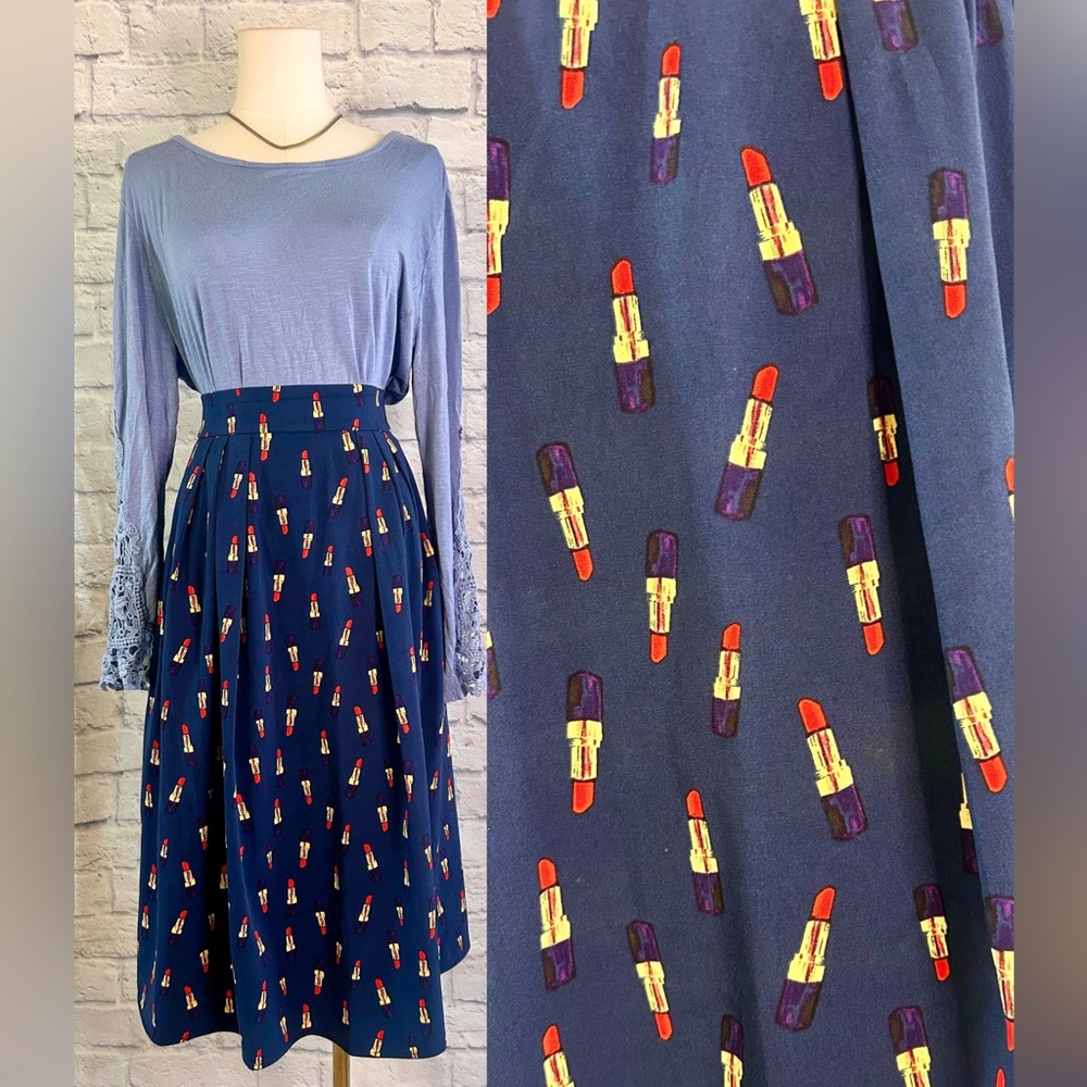 Eva Mendez Navy Blue Midi Skirt Lipstick Print Italian Style A Line Pinup Retro
